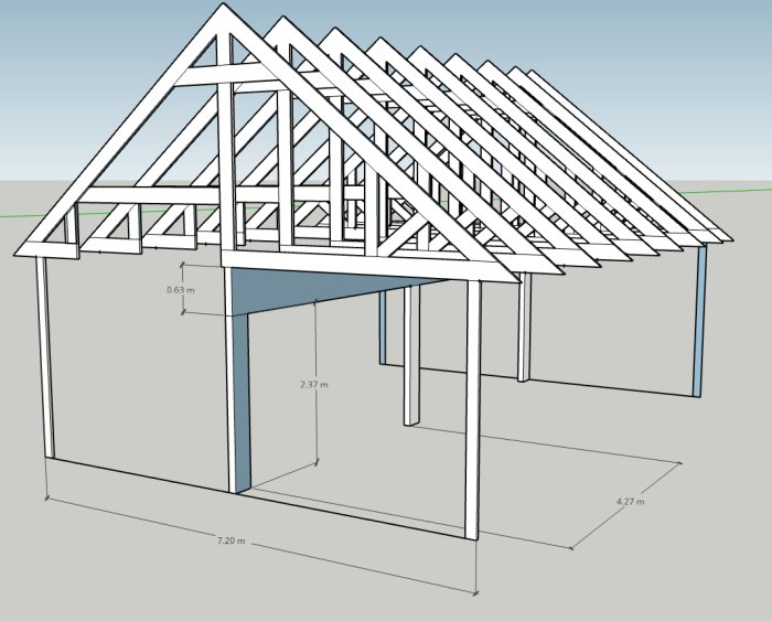 3D-skiss av en garagekonstruktion med ramverk takstolar och måttangivelser.