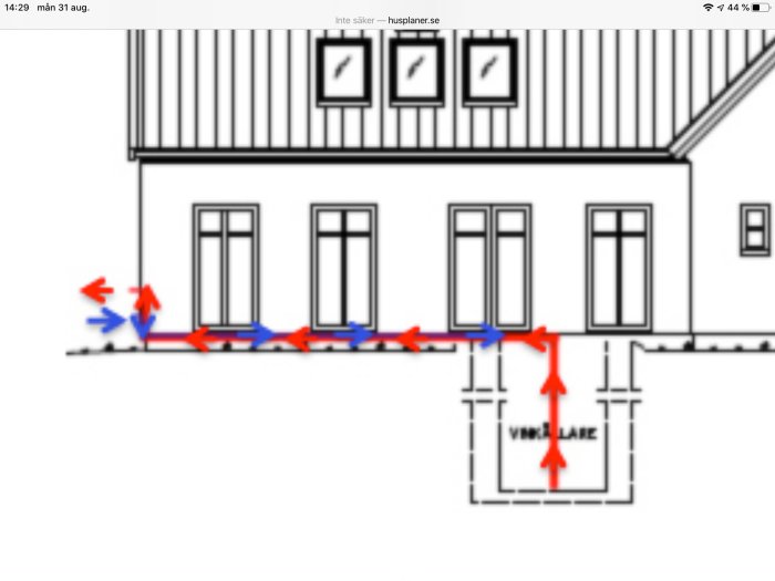 Schematisk bild av ventilationssystem i källare med pilmarkeringar för luftflöde.