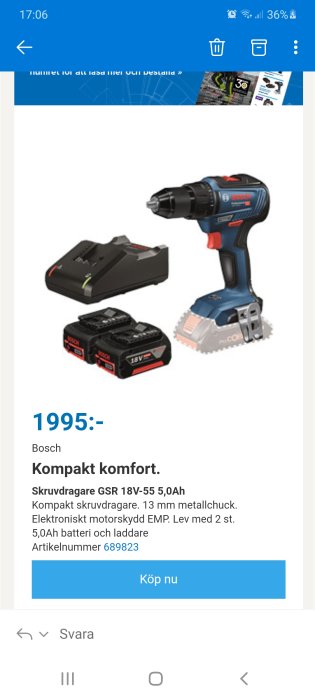 Bosch GSR 18V-55 skruvdragare med 2st 5,0Ah batterier och laddare i Ahlsells kampanj.