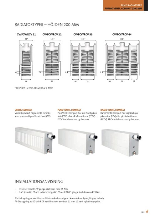 Illustration över olika Purmo radiatorer, inklusive compact ventiltyper med mått och installationsanvisningar på svenska.