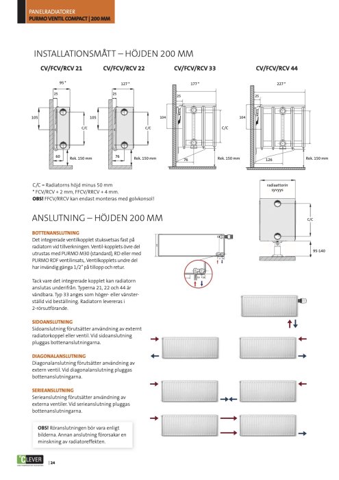 Teknisk illustration av olika Purmo radiatorer och dess anslutningstyper inklusive måttangivelser.