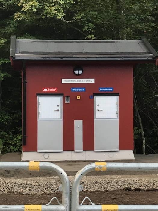 Röd vattenkiosk med två dörrar och texten "Vattenkiosk Södra Sandby" överst, omgiven av skog.