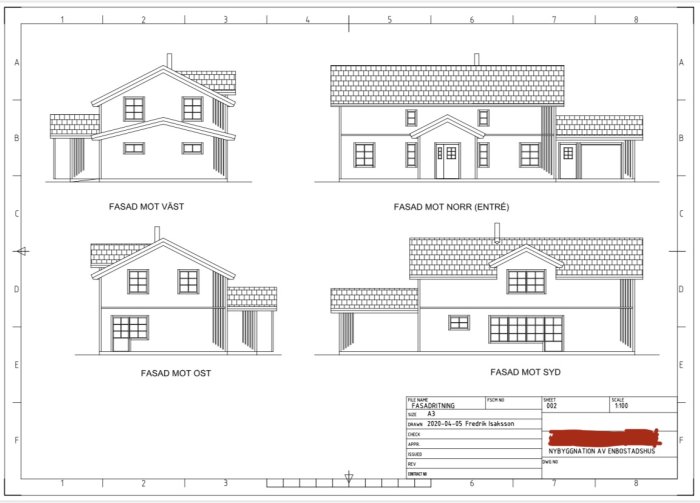 Arkitektoniska ritningar av ett enfamiljshus från olika vinklar med detaljer markerade av upphovspersonen Fredrik.
