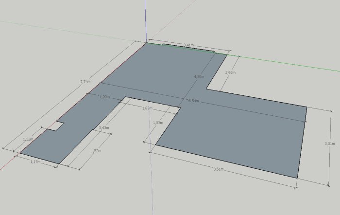 3D-modell av ett rum med måttangivelser och planerat utrymme för flytande golv runt ett trappurtag.