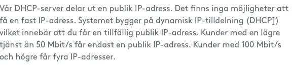 Text om IP-adress-tilldelning för Com Hem-kunder förklarar dynamisk och statisk IP-allokering.