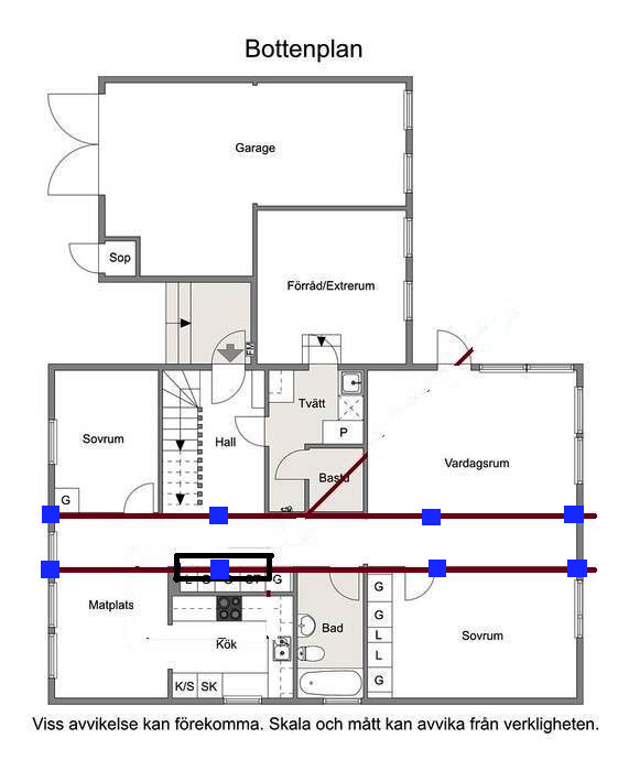 Floor plan showing placement of pillars (blue), walls to be removed (black), and base beams (red) for a construction project.