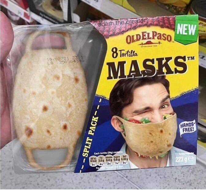 Förpackning av Old El Paso "Tortilla Masks" med en tortilla formad som en ansiktsmask.