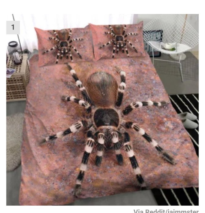 Bedding set with a realistic print of a large spider on it.