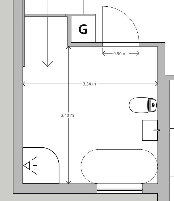 Ritning av ett badrum med måttangivelser, planerat för golvvärme och klinker, med dusch, badkar och toalett.