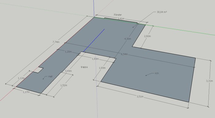 3D-skiss av ett golvplan med måttangivelser för rum och positionering av trapp, fönster och kök.