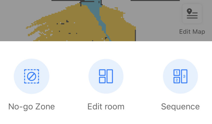Gränssnitt för robotdammsugare med kartredigeringsalternativ "No-go Zone", "Edit room" och "Sequence".