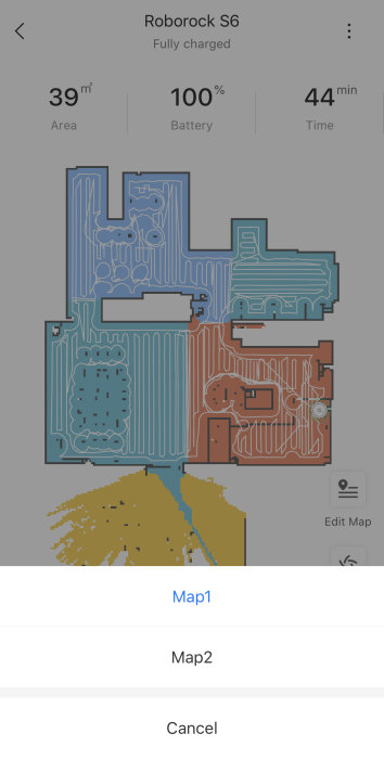 Skärmdump av Roborock S6 dammsugarapp med färgkodad karta som visar städad yta, batteristatus och städtid.