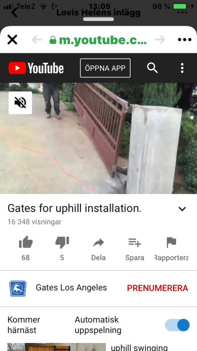 Skärmdump av YouTube-video som visar en grind i uppförsbacke med titeln "Gates for uphill installation.