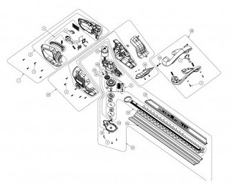 Exploded view diagram of a hedge trimmer showing all parts and screws for disassembly.