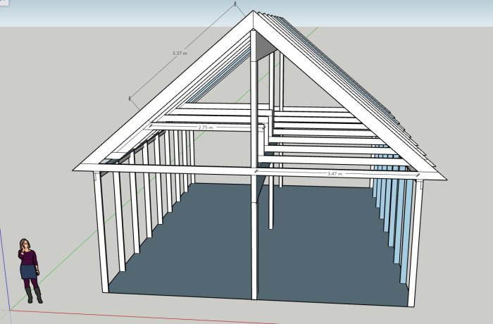 3D-ritning av ett garage/förråd med måttmarkerade limträbalkar och nockbalk.