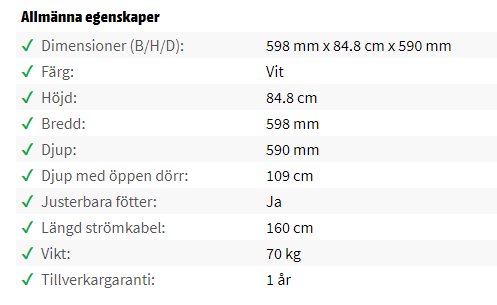 Skärmdump av produktspecifikationer med mått, färg, justerbara fötter och garantiinformation.