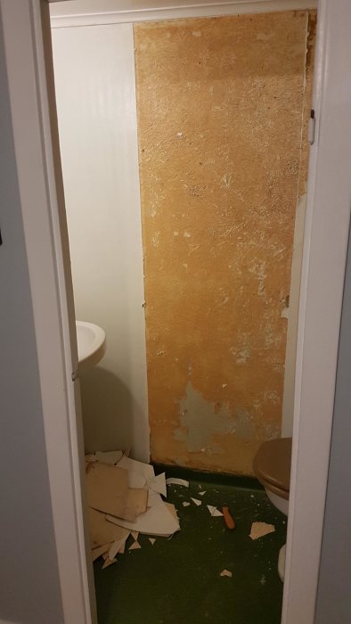 Renoveringsarbete i toalett med synlig toalettstol, vägg med flagnande färg och golv med skräp.