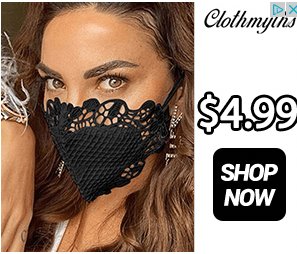 Kvinna som bär en svart spetsig ansiktsmask som annonseras för $4.99.
