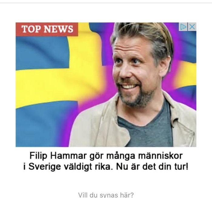 Reklambild med svensk flagga i bakgrunden och en leende man med text som nämner Filip Hammar.