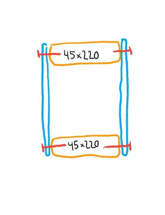 Handritad skiss av en rektangulär ram med dimensionerna 45x220 och markerade sammanfogningar.