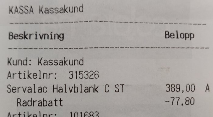 Kvitto med artikel "Servalac Halvblank C ST", pris 389,00 SEK och rabatt -77,80 SEK från Colorama.