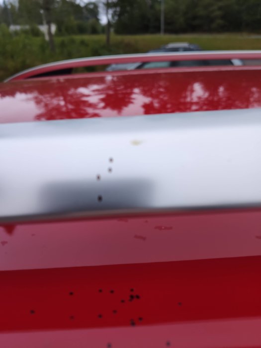 Små svarta prickar som liknar oljefläckar på en röd bils vita kant och kaross.
