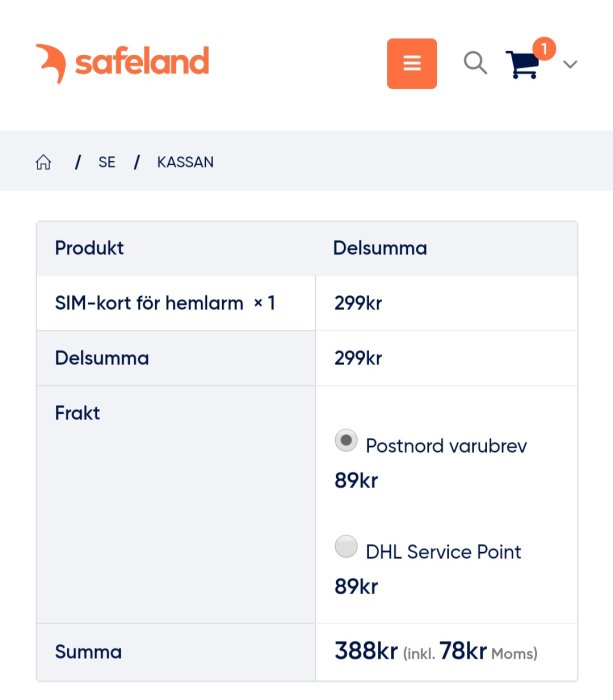 Kassasida med SIM-kort för hemlarm i varukorgen, totalpris 388 kr inklusive frakt på 89 kr.