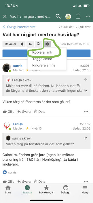 Skärmdump av diskussionsforum med inlägg om målning av fönsterfoder i gult och grönt.