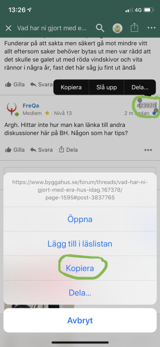 Skärmdump av en diskussionstråd om byggprojekt med öppnad delningsmeny och markerad "Kopiera" funktion.