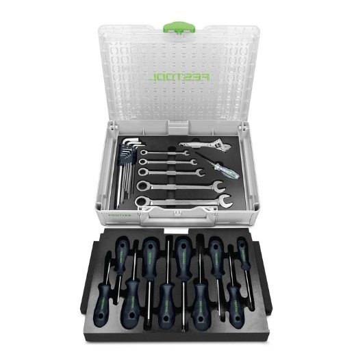 Festool limited edition SYSTAINER³ Organizer med skruvmejslar och skiftnycklar ordnade i skuminsatser.