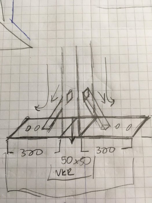 Hand-drawn diagram of angled braces at 45 degrees attached to pillar bases, showing measurements and layout.