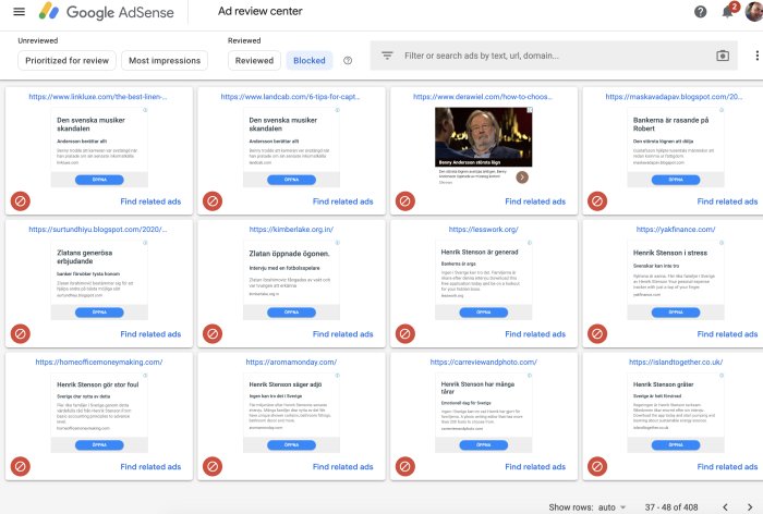 Skärmdump av Google AdSense granskningscenter med oöversynade och blockerade annonser.