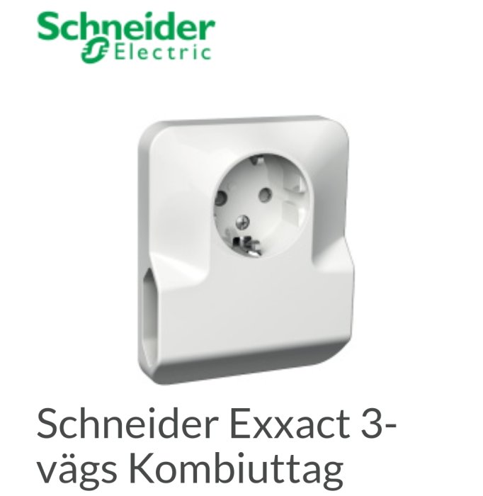 Vägguttag från Schneider Electric med tre anslutningar, märkt som Exxact 3-vägs Kombiuttag.