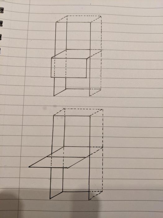 Handritad skiss av klaffskrivbord och hyllor för en pysselhörna.