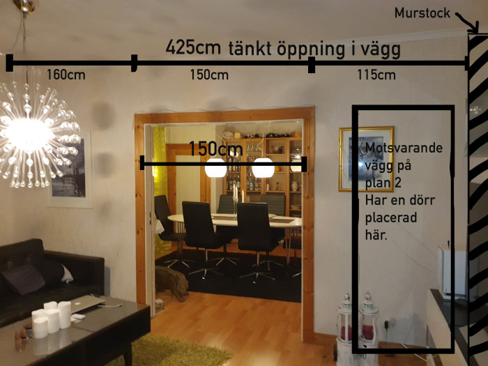 Vardagsrum med mätmarkeringar för avsedd öppning i bärande vägg och beskrivning av befintlig struktur.
