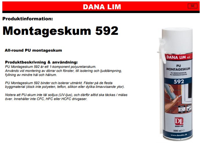 Produktinformationsblad för Dana Lim Montageskum 592 bredvid en förpackning av montageskummet.