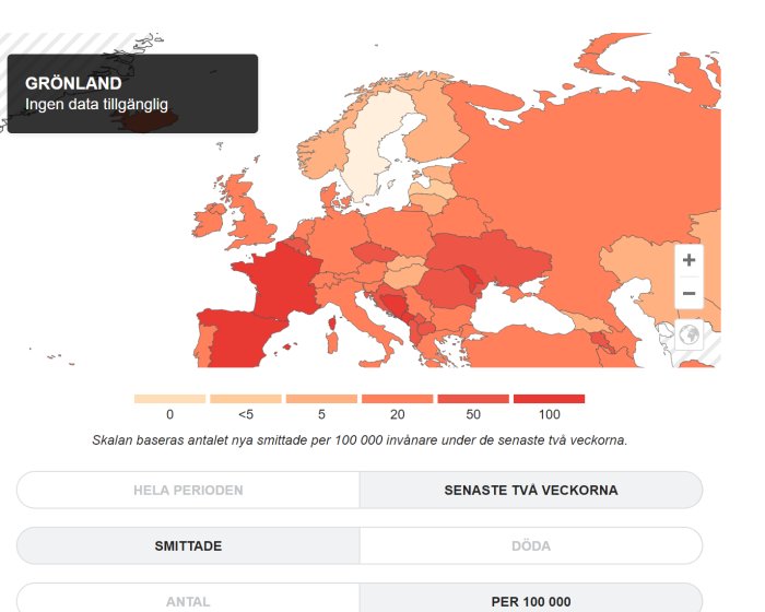 Karta över Europa som visar antal smittade per 100 000 invånare, med olika röda nyanser beroende på smittotal.