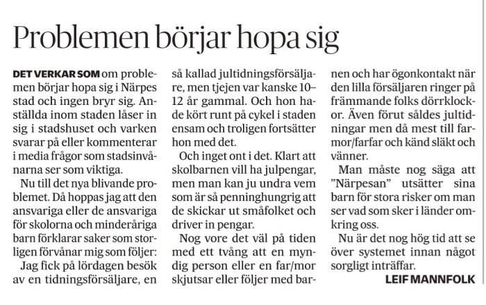 Skärmavbild av en insändare i tidningen med rubriken "Problemen börjar hopa sig", diskuterar lokala frågor i Närpes.