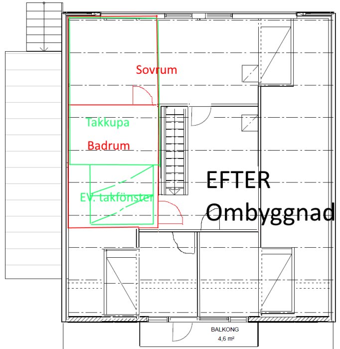 Skiss av planlösning för ombildning med markerat sovrum, takkupa, badrum och takfönster.