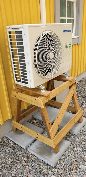 Panasonic värmepump placerad på en robust träställning vid husvägg på grusunderlag.