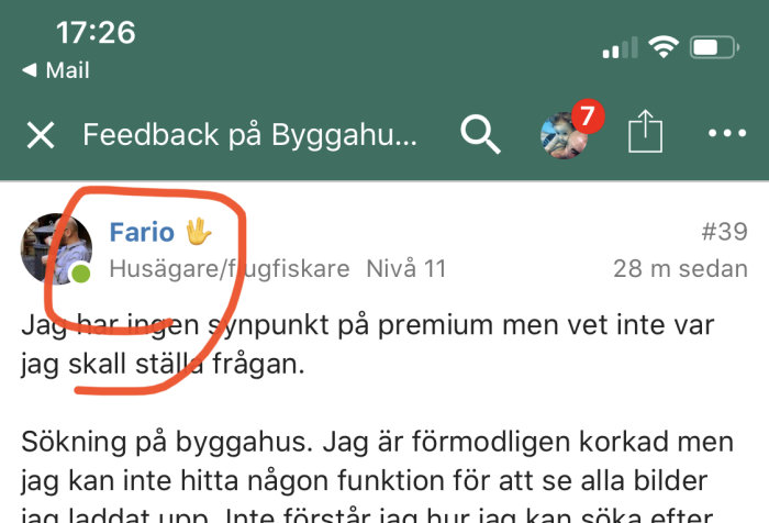 Skärmdump av diskussionsforum med markerad användarprofil och inläggsinformation.