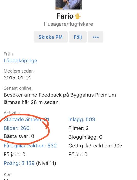 Skärmdump av användarprofil med markerad länk för "Bilder: 260" på en diskussionsforumssida.