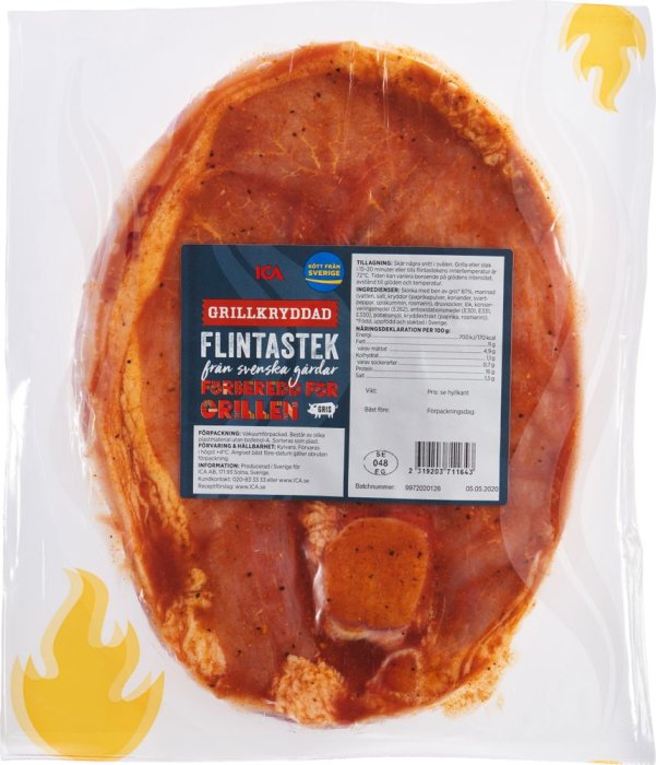 Förpackad grillkryddad flintastek redo för grilling.