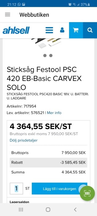 Skärmdump från Ahlsell-webbutiken som visar pris för Festool PSC 420 EB-Basic Carvex sticksåg utan batteri.