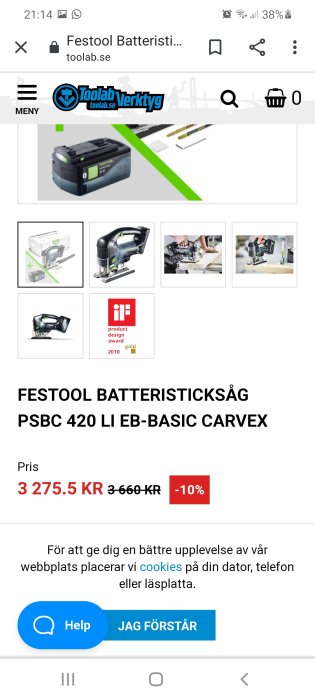 Festool batteridriven sticksåg och batteri visas på en webbshoppsida med priser och rabattinformation.