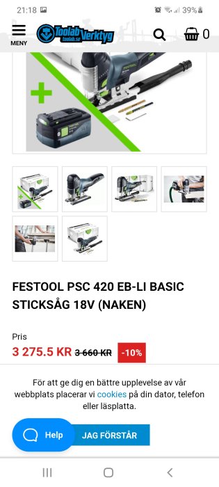 Festool PSC 420 sticksåg och batteri med tillbehör visas på produktköpsida.