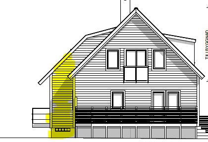 Arkitektonisk ritning av ett enplanshus med gulmarkerat område på sidan för att illustrera byggnadsplan.