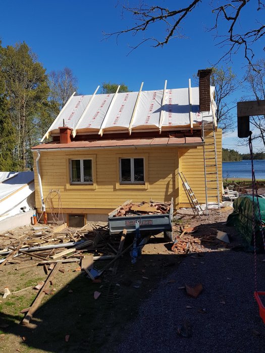 Renovering av gammal sommarstuga med nytt tak i byggnation mot en klarblå himmel och skogsbakgrund.