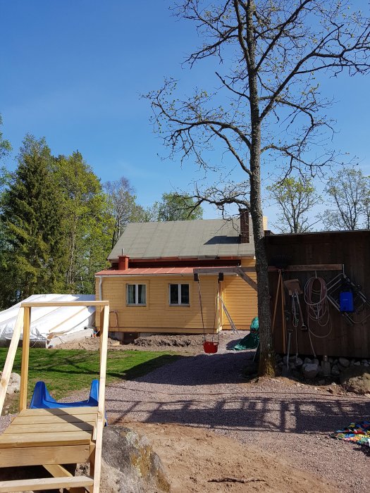 Gammal sommarstuga från 1958 med nybyggnation runt, i en trädgård under konstruktion med lekställning.