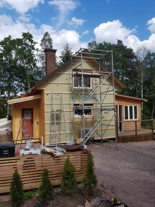 Renovering av gammal sommarstuga, inbyggd i större hus under konstruktion, med byggställningar runtomkring.